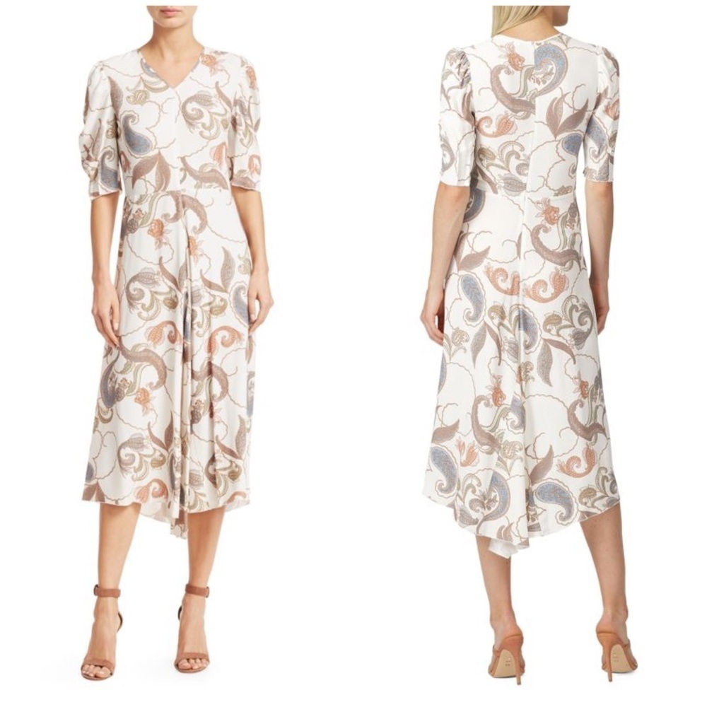 SEE BY CHLOÉ Paisley Fit-&-Flare Asymmetrical MIDI Dress MSRP $375 EU 42